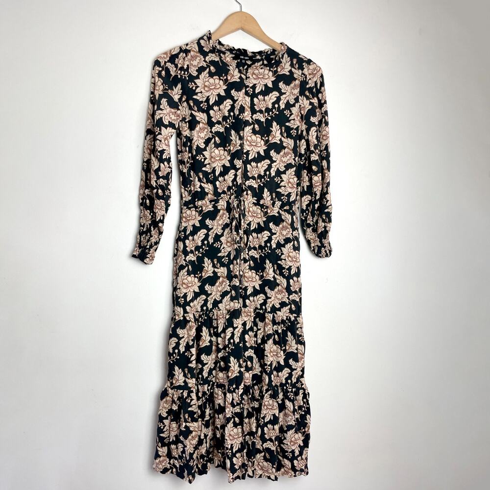 Saint + Sofia Floral Maxi Dress Sz 4 Black Neutral Earth Tones Cottage Flowy